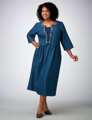 Leaf Embroidered Denim Dress