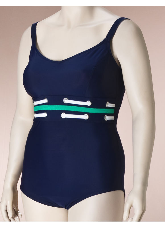 Catherines Women's Plus Size/Navy One piece grommet trim swimsuit 
