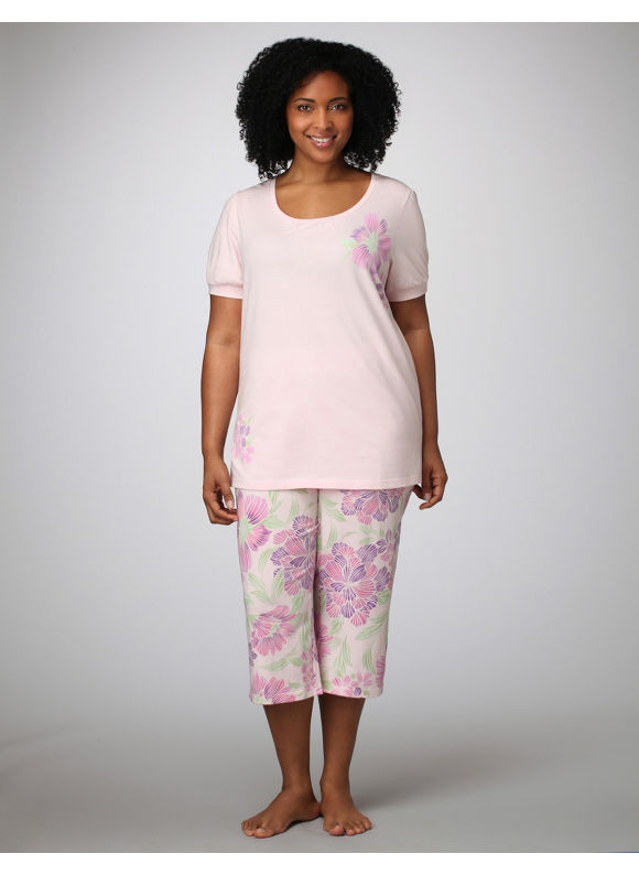 Catherines Women's Plus Size/Petal Pink Floral Knit Capri Pajamas 
