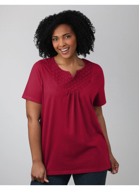 Women's Plus Size/Ruby Red Eyelet Trim Tee