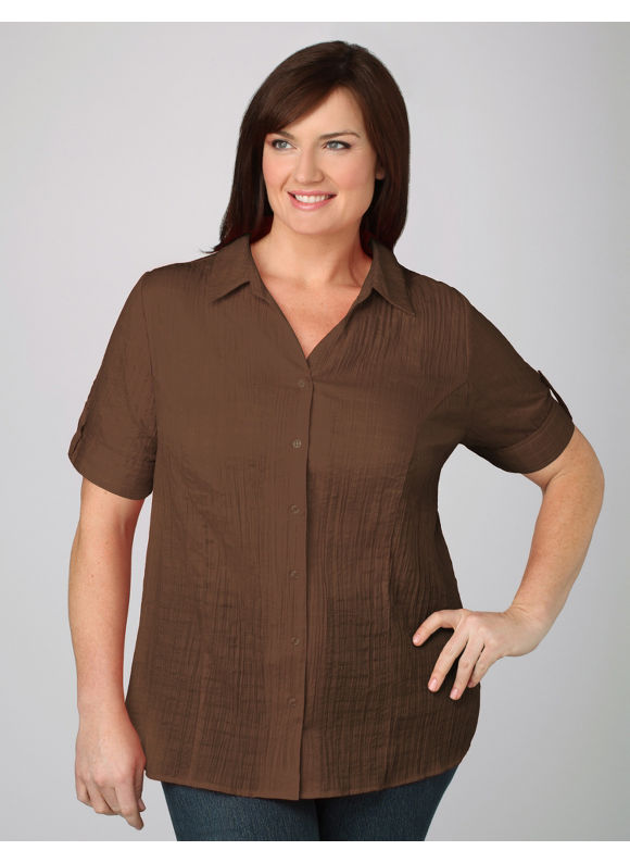 Catherines Women's Plus Size/Potting Soil Breezy Point Burnout Button-Front