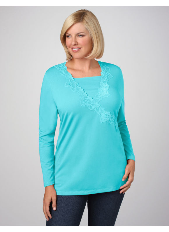 Catherines Women's Plus Size/Dark Aruba Blue Touch of Lace Long-Sleeve Top -