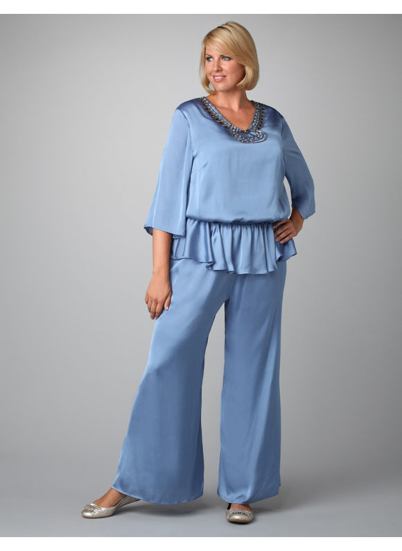 Catherines Womens Plus SizeBlue Russell Kemp Embellished Satin Pantset  Size