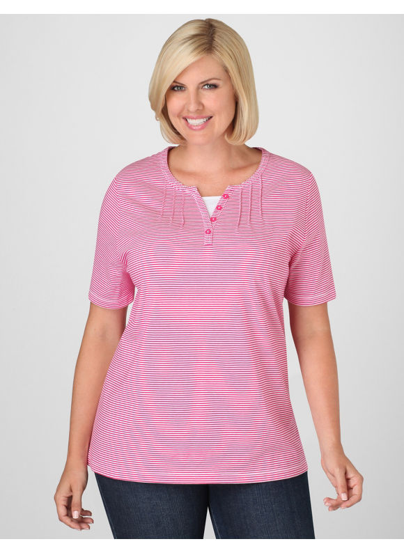 Catherines Women's Plus Size/Fiesta Pink Maritime Stripe Henley Top