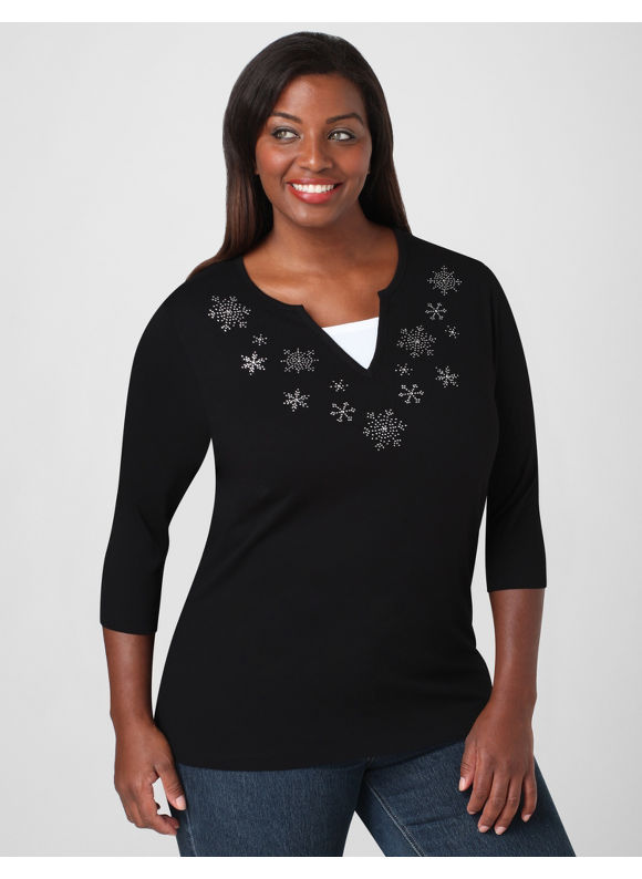 Pasazz.net Plus Size Holiday Clothing Shop - Women's Plus Size/Black Studded Snowflakes Top - Size 2X