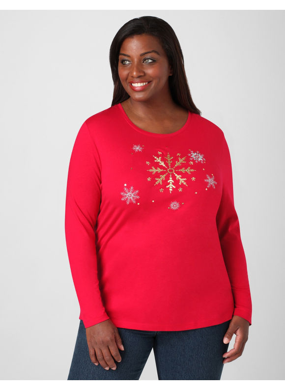 Pasazz.net Plus Size Holiday Clothing Shop - Women's Plus Size/Crimson Red Falling Snow Long-Sleeve Top