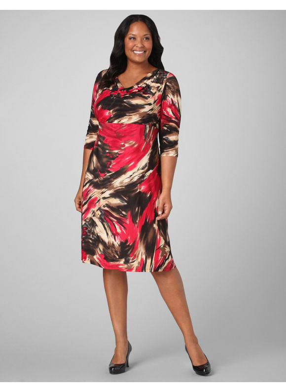 Catherines Women's Plus Size/Red Multi Abstract Cowlneck Dress - Size