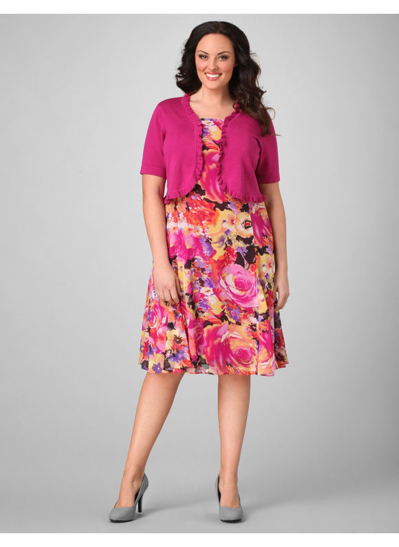 Pasazz.net Favorite - Catherines Women's Plus Size/Orchid Pink Peonies Dress & Shrug - Size