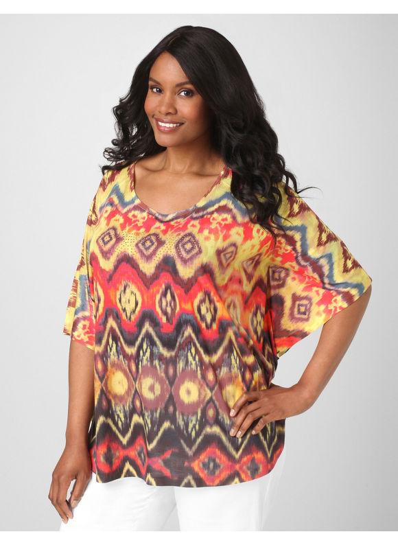 Catherines Women's Plus Size/Metal Yellow Native Art Poncho - Size 1X by Liz&Me