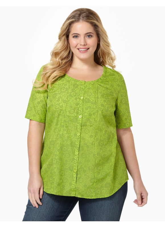 Catherines Womens Plus Size/Lime Gingham Peasant Top - Size 3X