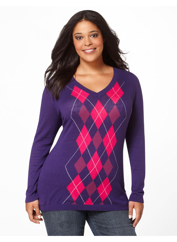 Catherines Womens Plus Size/Purple Argyle V-Neck - Size 2X