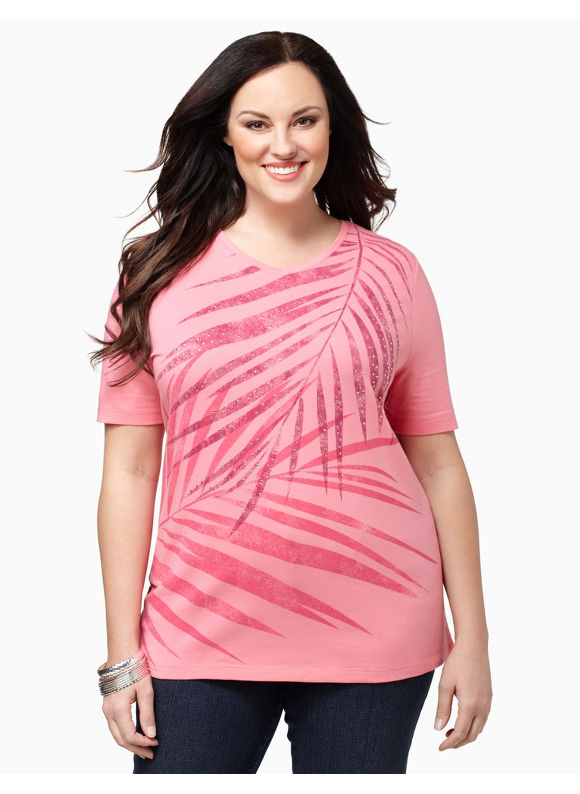 Catherines Women's Plus Size/Bright Pink Subtle Palm Print Tee