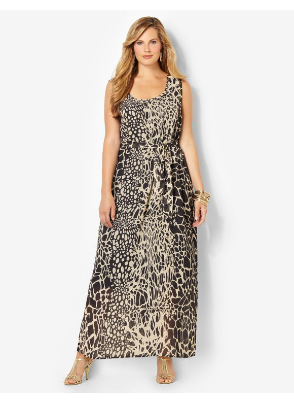 Plus Size Animal Motif Maxi Dress Women's Size 2X, Safari Khaki