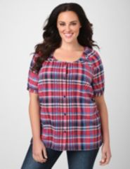 Woven Plaid Peasant Top