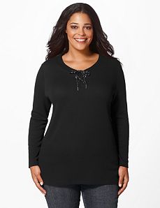 Lace-Up Knit Top by CATHERINES