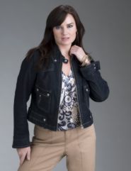 Cropped denim motorcycle jacket