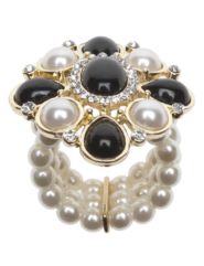 Black stone and faux pearl stretch ring