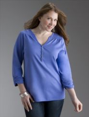 Supima&reg; cotton 3/4-sleeve shirred henley