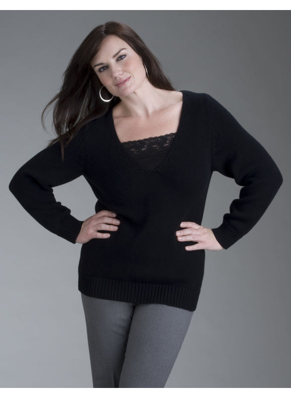Women's Plus Size/Black Deep V-neck sweater