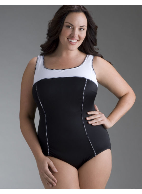 Women's Plus Size/Black/White Miraclesuit touche colorblock swim