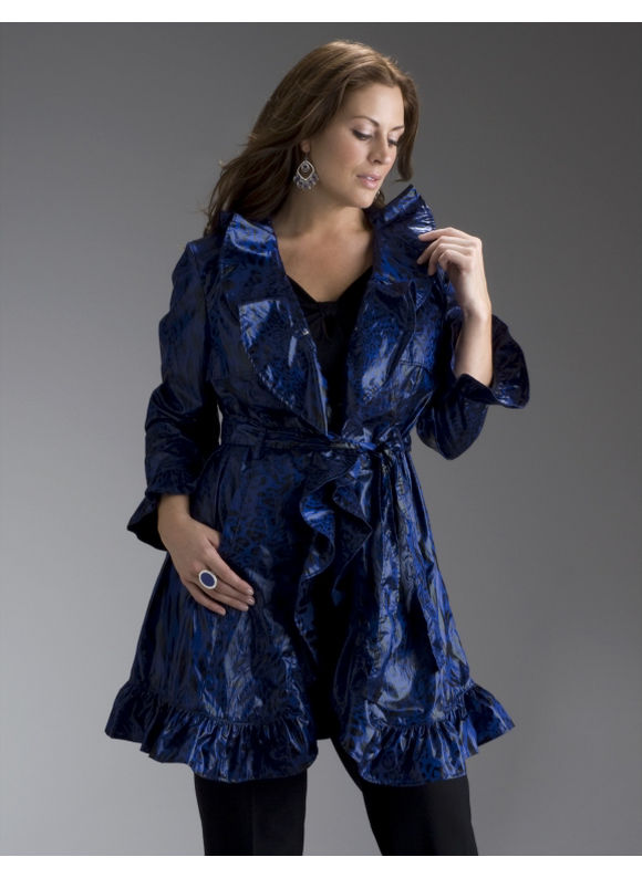 Women's Plus Size/Clematis Blue Leopard print ruffle trench coat