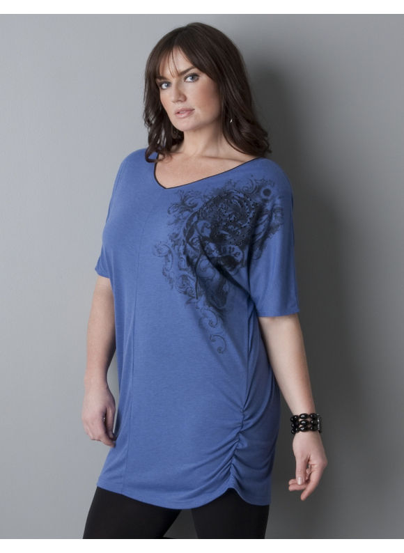 Women's Plus Size/Baja Blue Embellished tunic with shoulder pads
