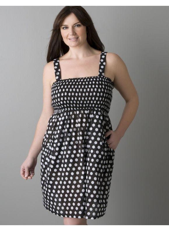 Pasazz.net Favorite - Lane Bryant Polka dot smocked swim cover up - Women's Plus Size/Black
