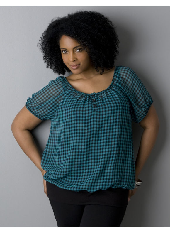 Lane Bryant Women's Plus Size/Emerald Green Bubble banded gingham blouse 