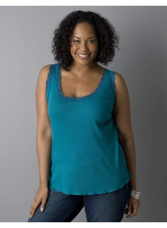 Women's Plus Size/Emerald Green Lace trim rib tank