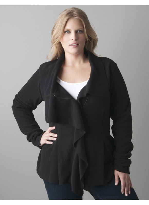 Ruffle front fleece jacket - Women's Plus Size/Black