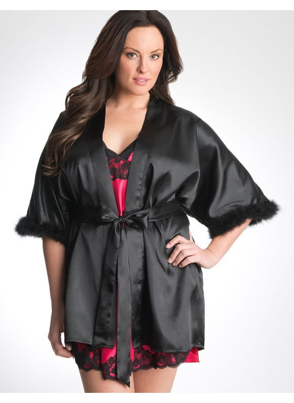 Lane Bryant Feather trim robe - Women's Plus Size/Black - Size 14/16