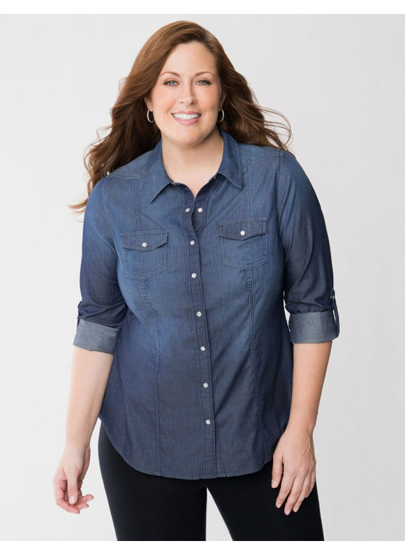 Lane Bryant Plus Size Shadow stripe denim shirt - - Women's Size 16, Dark water