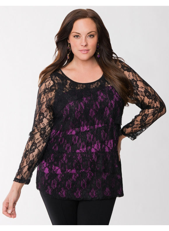 Lane Bryant Plus Size Lace Collection tiered lace top - - Women's Size 1X, Black