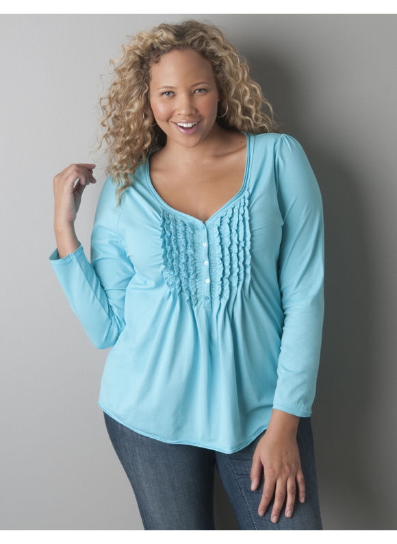 Pasazz.net Favorite -  Lane Bryant Ruffled long sleeve henley top - Women's Plus Size/Capri -