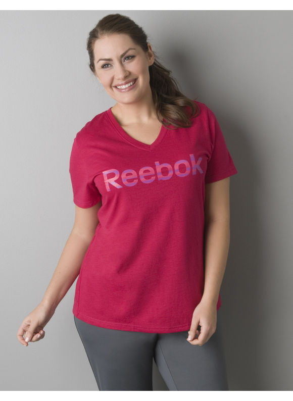 Lane Bryant V-neck logo tee by Reebok - Women's Plus Size/Fuchsia