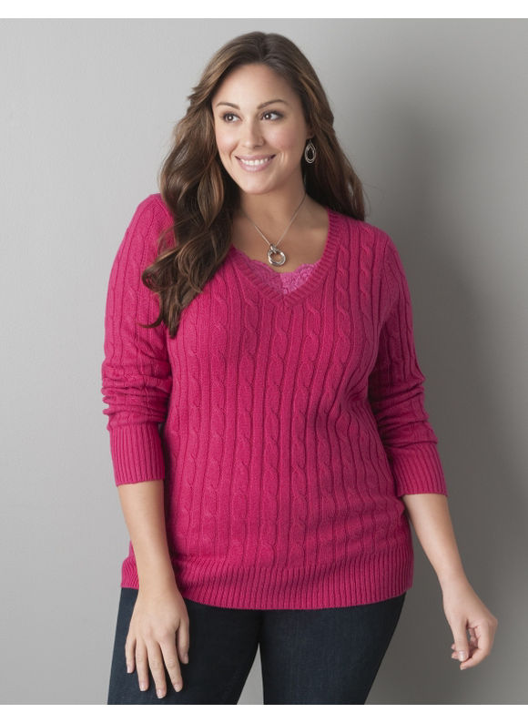 Pasazz.net Plus Size Holiday Clothing Shop - Lane Bryant V-neck cable knit sweater - Women's Plus Size/Cerise -