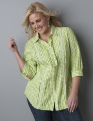 Gingham crinkle button-front tunic