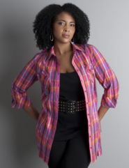 Button-front crinkle plaid top