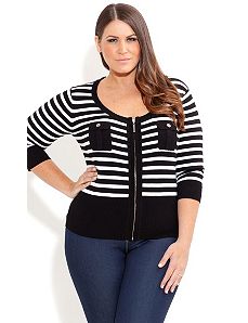 Zip Stripe Cute Pocket Cardigan by City Chic