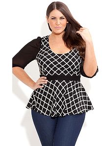 Mono Check Peplum Top by City Chic