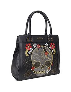 Gold & Red Floral Skull Tote by Loungefly