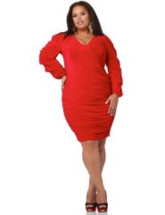 'Blanca' Gathered Sleeve Faux Wrap Dress - Red by Monif C.