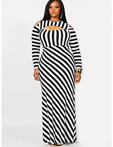 'Lourdes' Cold Shoulder Stripe Maxi Dress by Monif C.