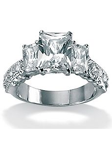 Cubic Zirconia Platinum/SS Emerald-Cut Ring by PalmBeach Jewelry