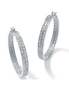 Cubic Zirconia 2-Row Silvertone Hoops by PalmBeach Jewelry
