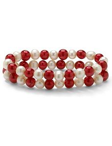 Ruby Red/White Pearl Bracelet Set by PalmBeach Jewelry