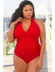 Beach Belle Solid Red Halter Maillot by Beach Belle