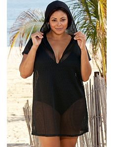 Black Mini Mesh Hoodie Dress by Beach Belle