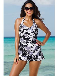 Techno Floral Halter Twist Front Swimdress by b. belle