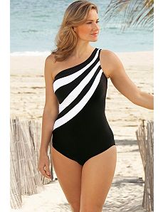 White Splice City One Shoulder Suit by Delta Burke